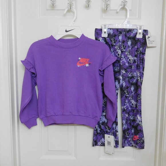 NWT 2pc Nike Purple Sweatshirt & Floral Flared Pants Set sz 4 - Picture 1 of 1
